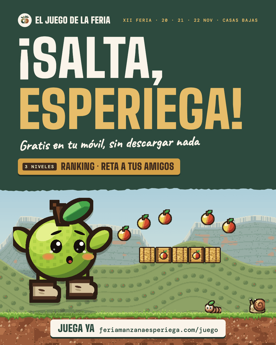 Cartel del juego ¡Salta, Esperiega!: la mascota de la feria salta entre manzanas en los bancales